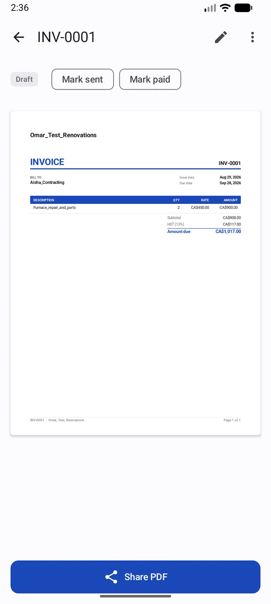 A branded PDF invoice ready to share from Simple Invoice & Estimate