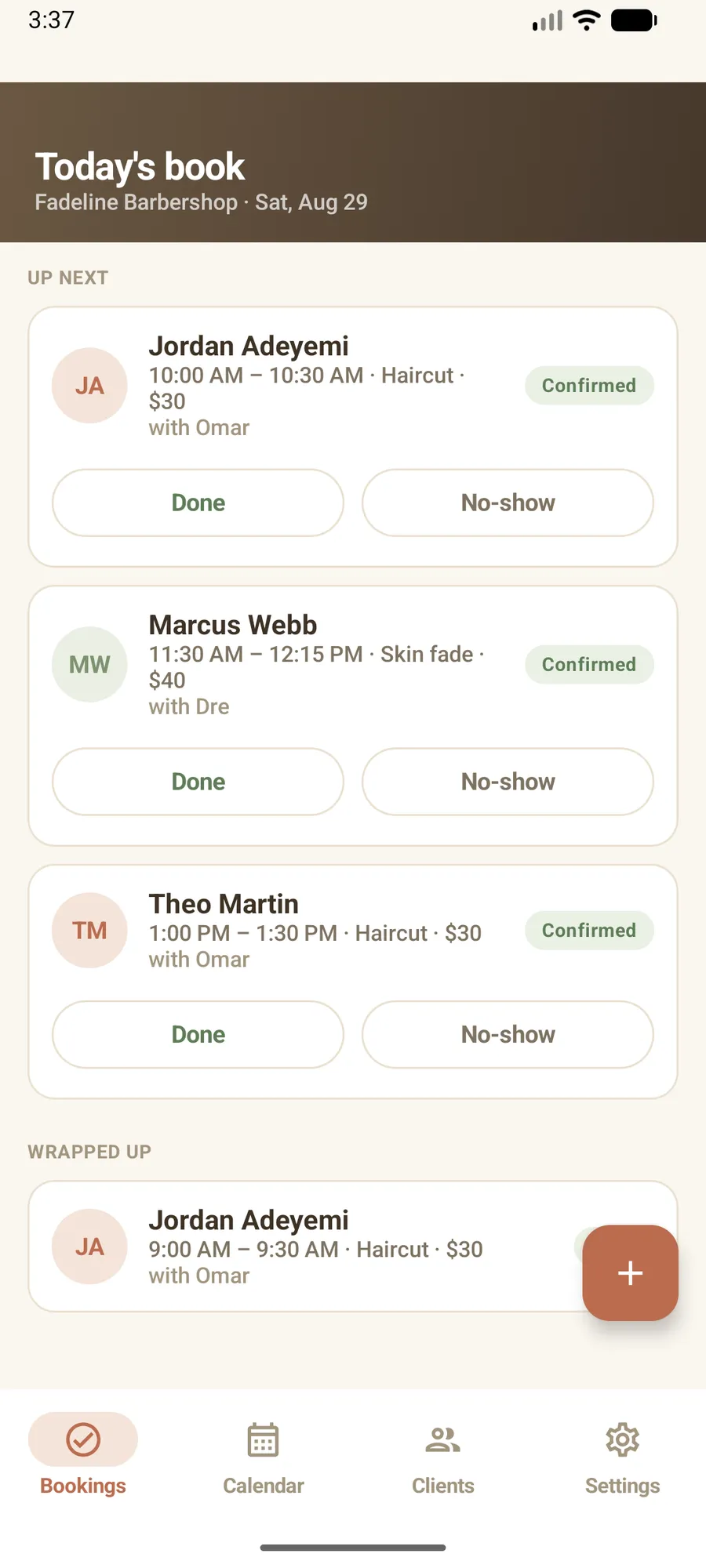 Openslot showing today's appointment book for a barbershop