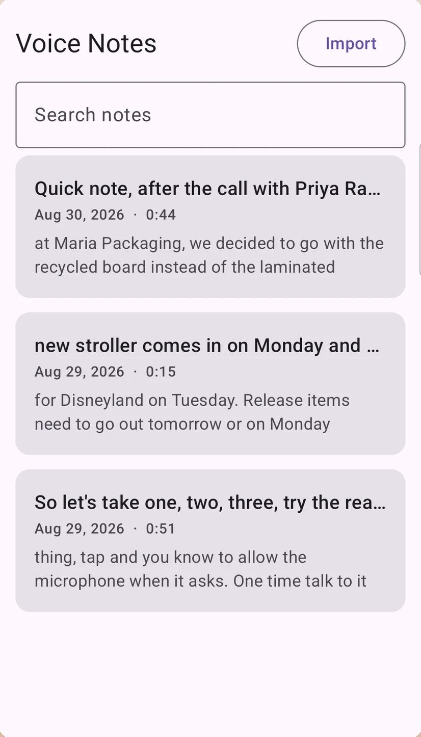 Voice Notes listing transcribed voice notes with their dates and lengths