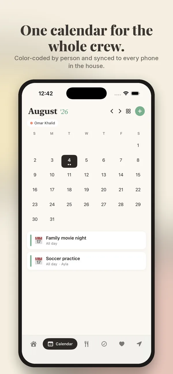 Storyboard on iPhone: a shared family calendar colour-coded by person
