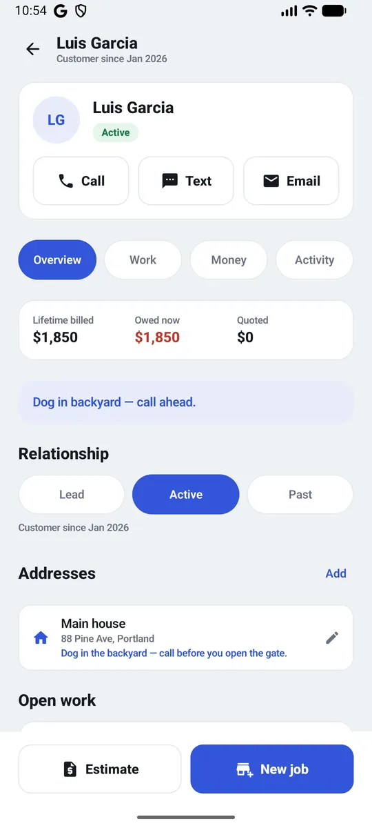 Simple CRM — The customer, with their whole history