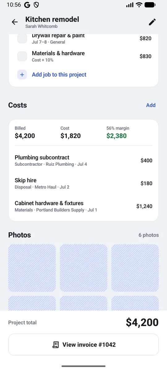 Simple CRM — Costs logged against real margin