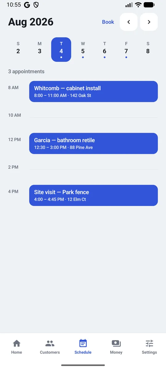 Simple CRM — The day's schedule with addresses