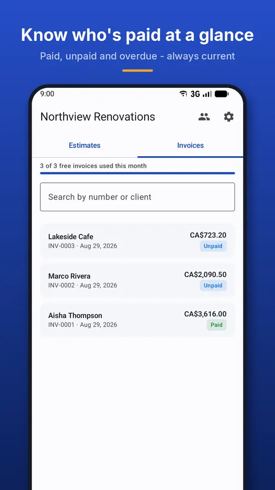 Simple Invoice & Estimate — Paid, unpaid and overdue at a glance