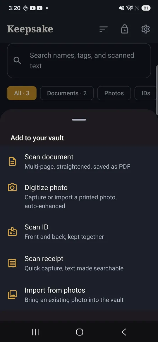 Keepsake: Private Doc Vault — Documents, IDs, receipts and prints