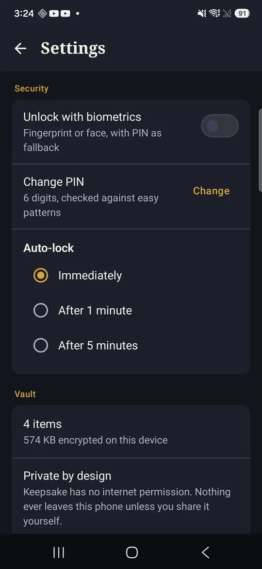 Keepsake: Private Doc Vault — Settings, plain and few
