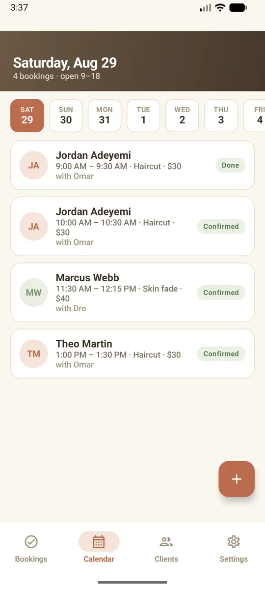 Booking & Shifts: Openslot — Any day, with its bookings and hours