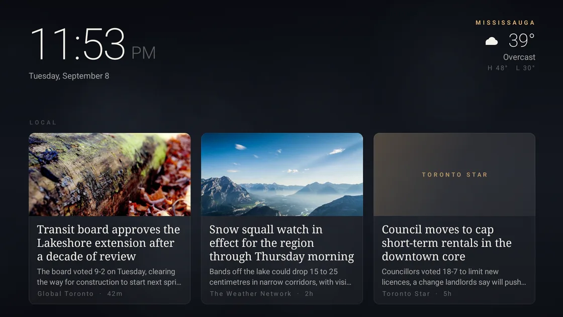 PhotoWall Briefing scene showing the time, the local weather and three local news cards on a television