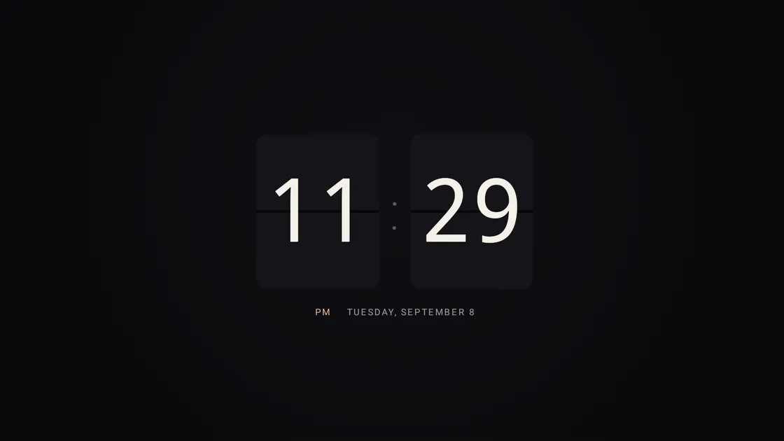PhotoWall flip clock scene showing large split-flap digits on a television
