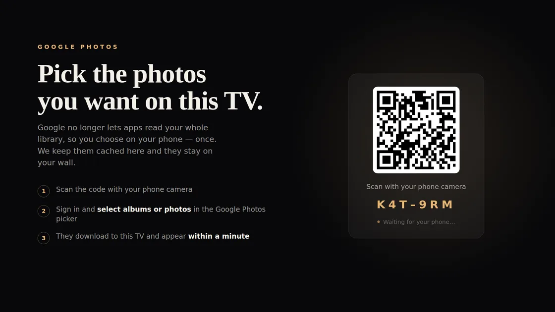 PhotoWall pairing screen showing a QR code to scan with a phone